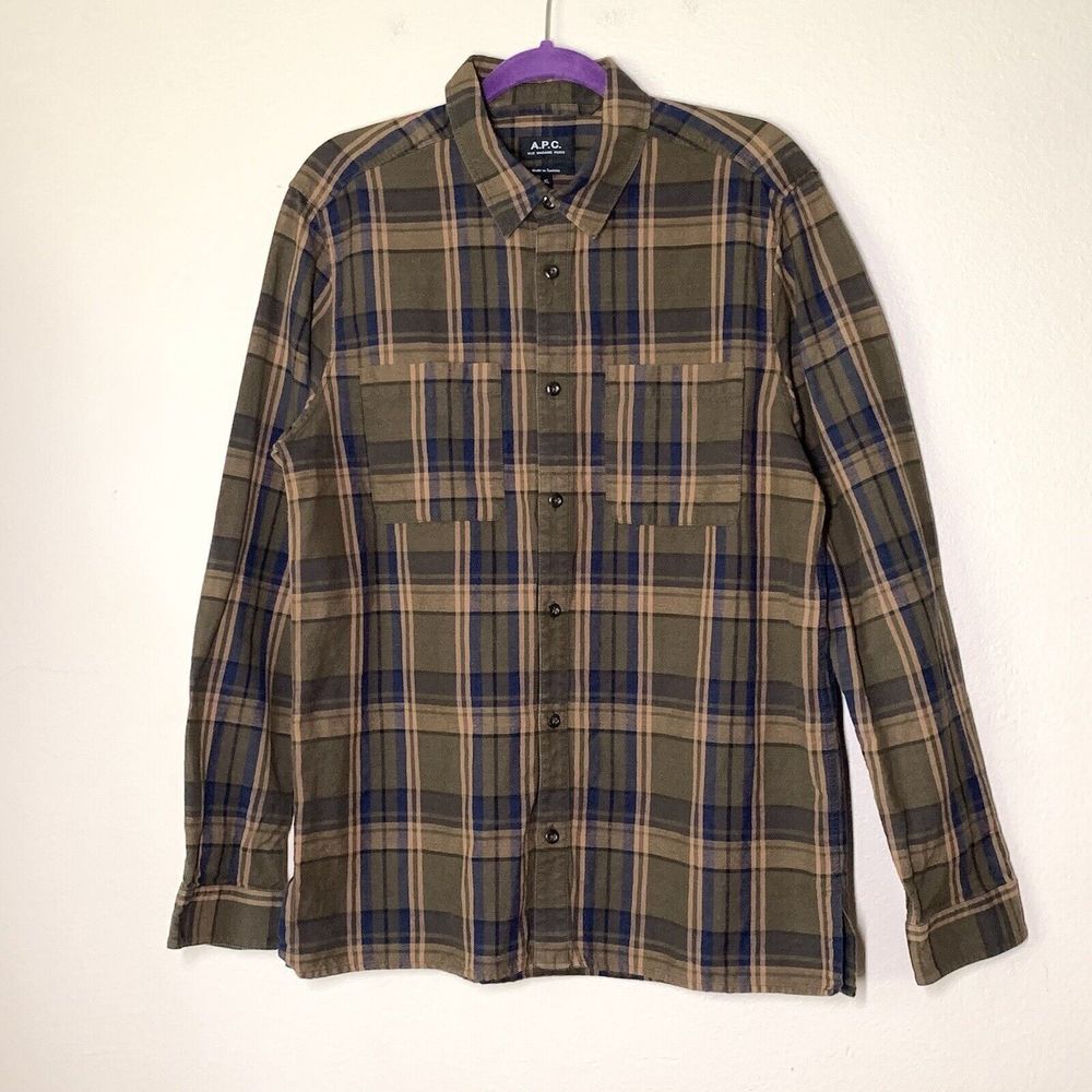 A.P.C. Green and Blue Plaid Casual Button Down Shirt